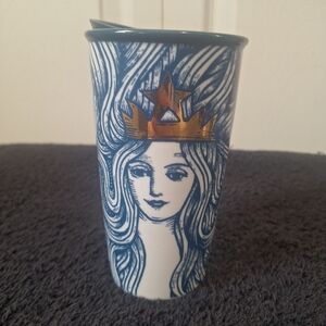 Starbucks 2016 Anniversary Collection Blue Siren ceramic travel tumbler Gold